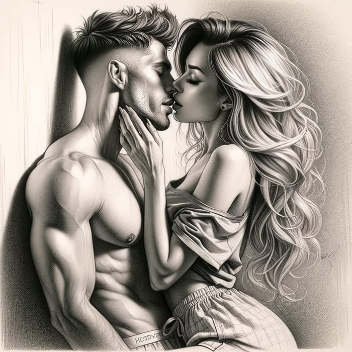 Detailed Romantic Kiss Pencil Sketch - Love Scene Illustration