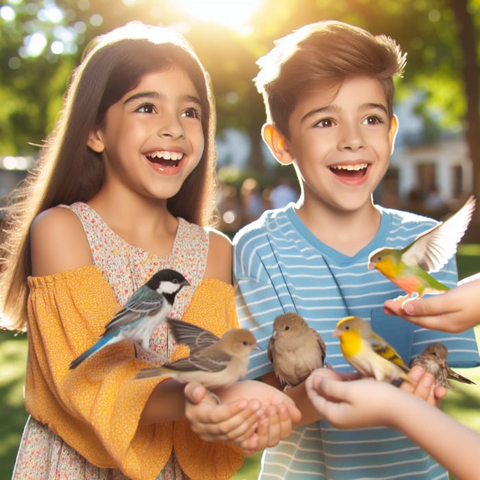 Enchanting Scene: Kids Playing with Colorful Birds