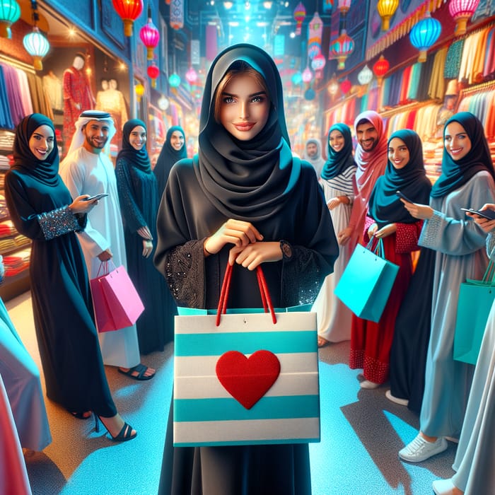 Vibrant Boutique Scene with Confident Girl and Black Abayas