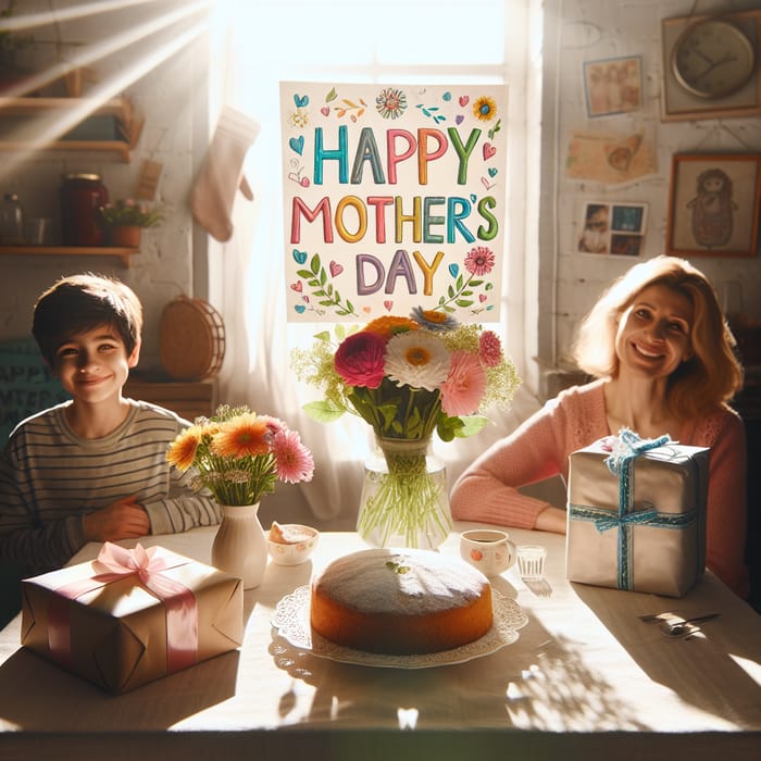 Heartwarming Mother's Day Scene with Flowers, Cake & Gift Exchange