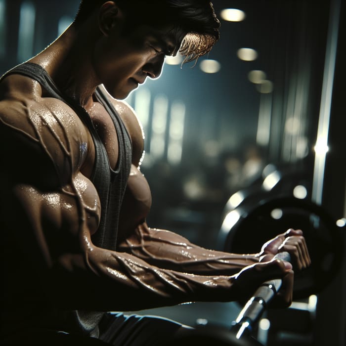 Intense Asian Bodybuilder Workout in Dimly Lit Gym