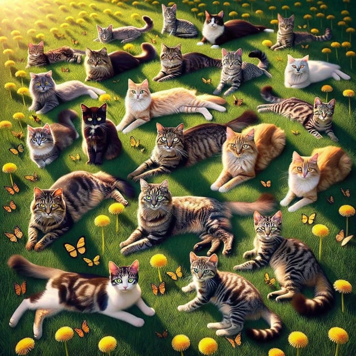 Adorable Cats Relaxing on Green Grass