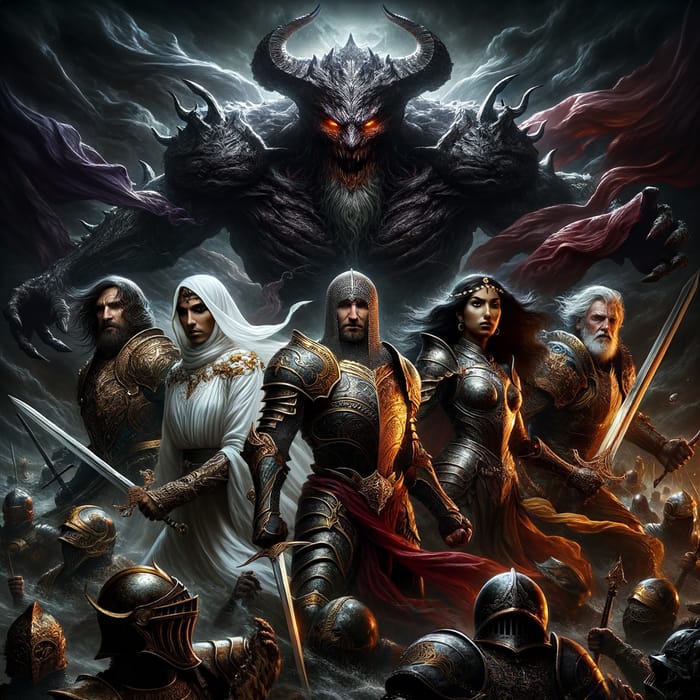 Epic Medieval Fantasy Battle Art with Diverse Heroes vs Monstrous Villain