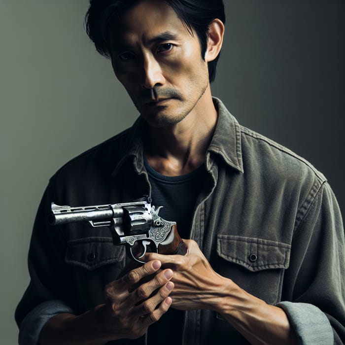 Mysterious East Asian Man Holding Vintage Gun