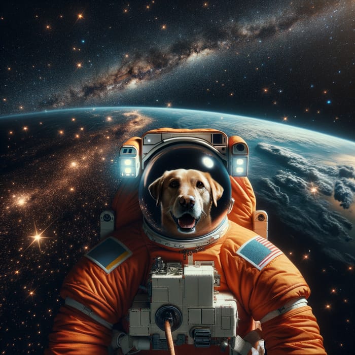 Adorable Dog in Orange Astronaut Suit Floating in Space