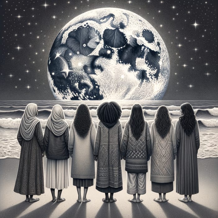 Diverse Group of Women Staring at Moon on Beach