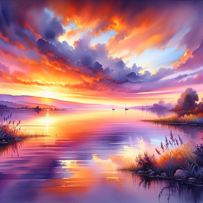 Tranquil Lake Sunset Watercolor Artwork