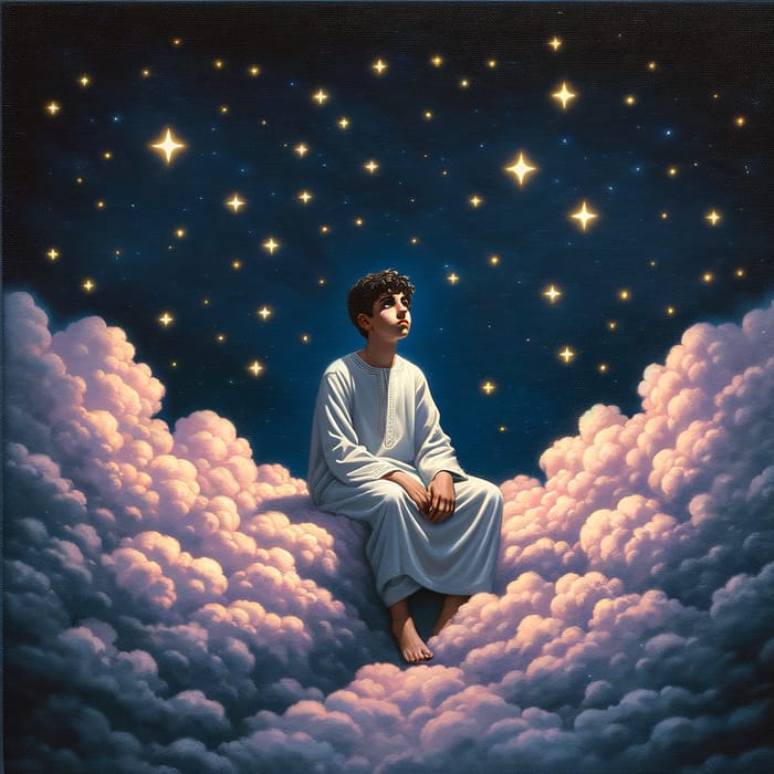 Teenage Boy in Pink Clouds under Midnight Sky with Yellow Stars