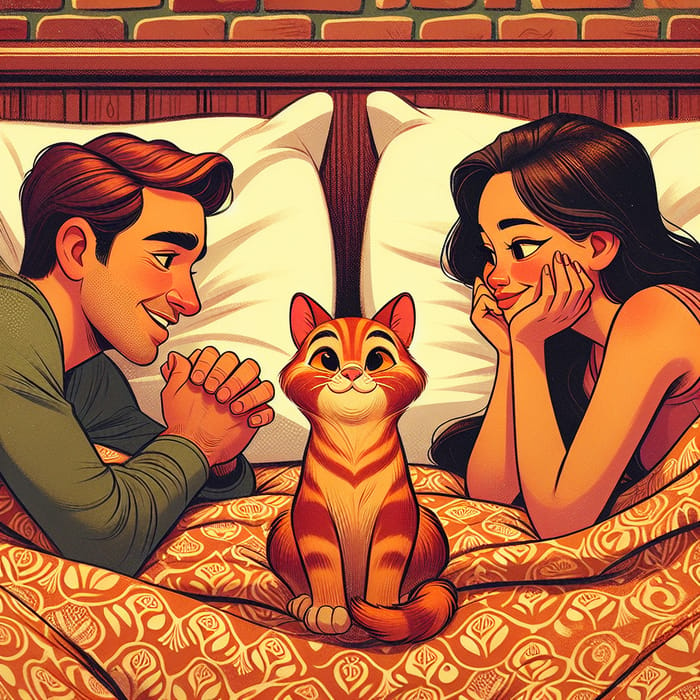 Disney-Style Couple Resting in Bed with Playful Orange Cat