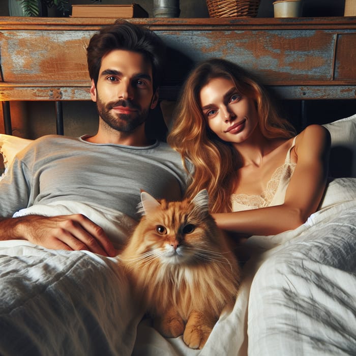 Restful Cozy Scene: Couple in Bed with Orange Cat Restful Cozy Scene: Couple in Bed with Orange Cat