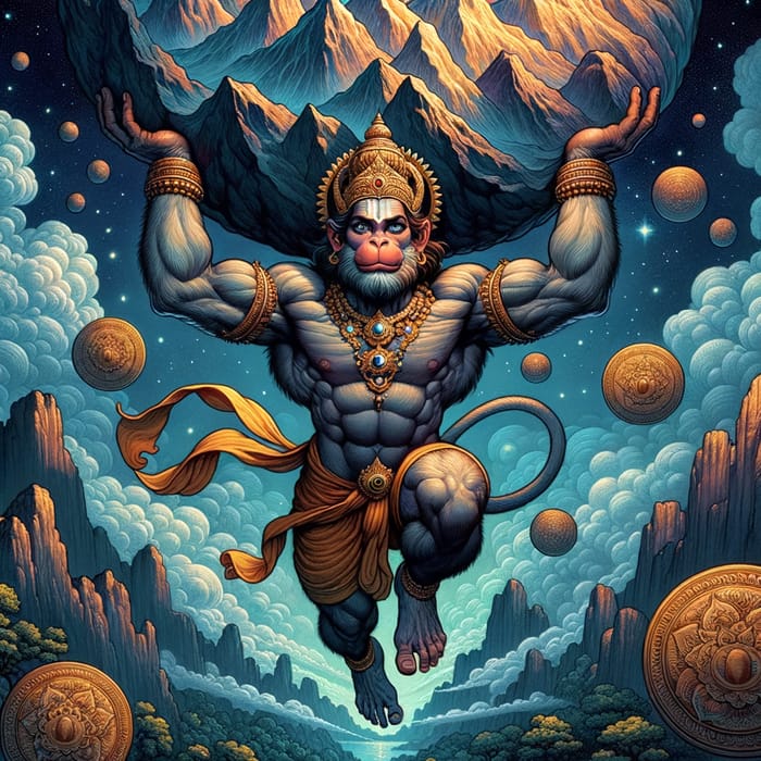 Flying Lord Hanuman Carrying Mountain Illustration