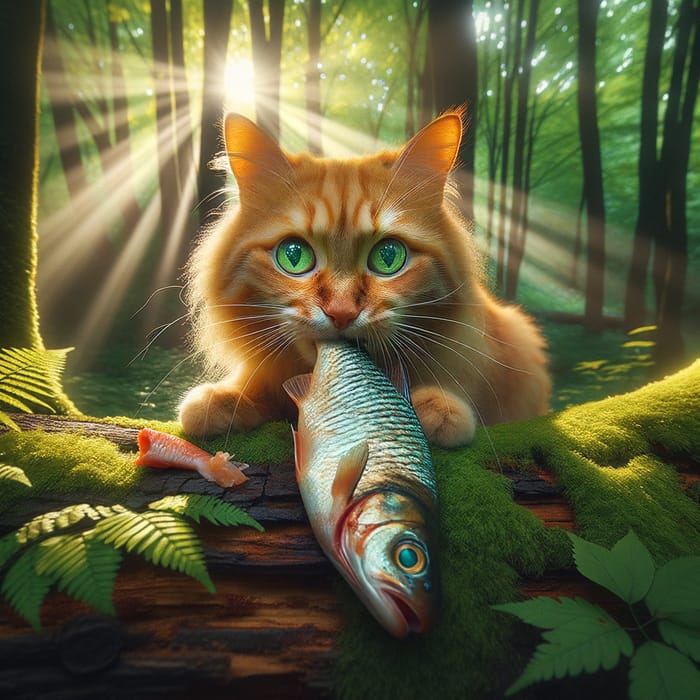Bright Orange Ginger Cat with Green Eyes Eating Fresh Fish in Lush Green Woods