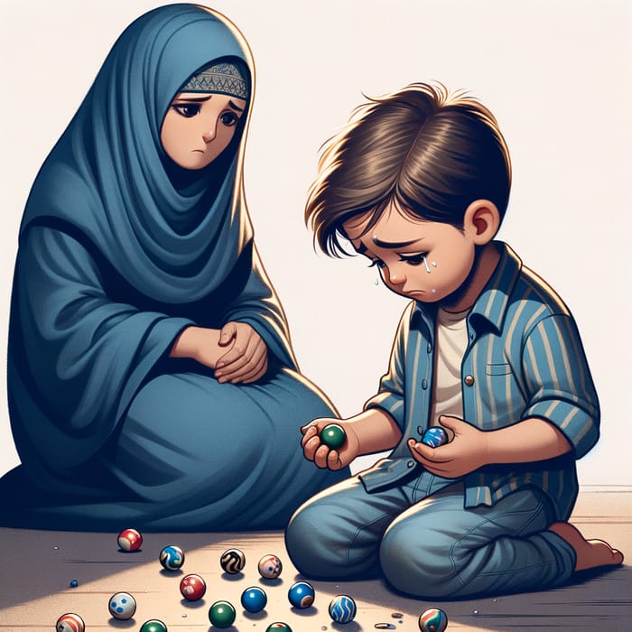 Sad Middle-Eastern Boy and Mother Playing Marbles