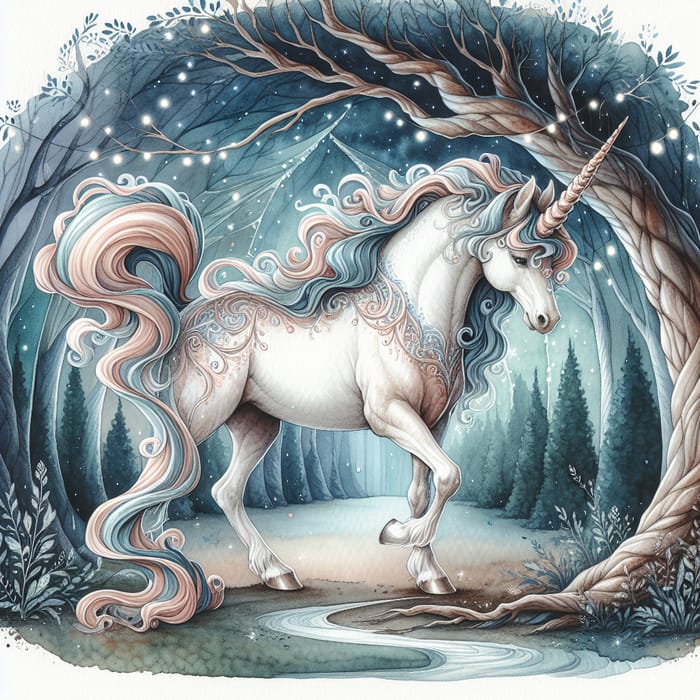 Magical Unicorn in Enchanted Forest Watercolor Art