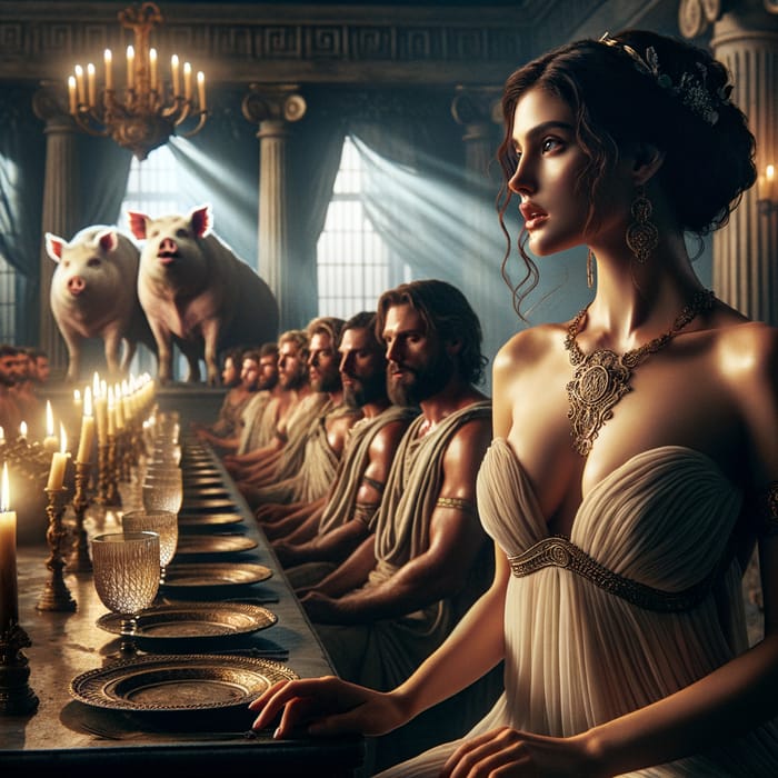 Circe's Grecian Transformation: Enchantress Amidst Pigs | Mythological Scene