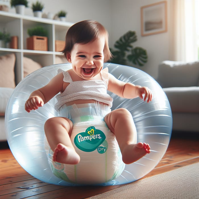 Joyful Toddler Girl in Inflated Pampers Baby Dry Diaper Moment