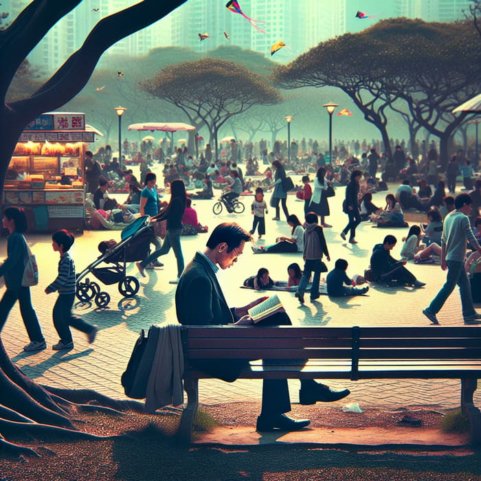 Solitary Man Reading in a Bustling Park Scene
