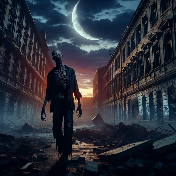 Eerie Zombie Scene on Dilapidated City Street | Haunting Atmosphere