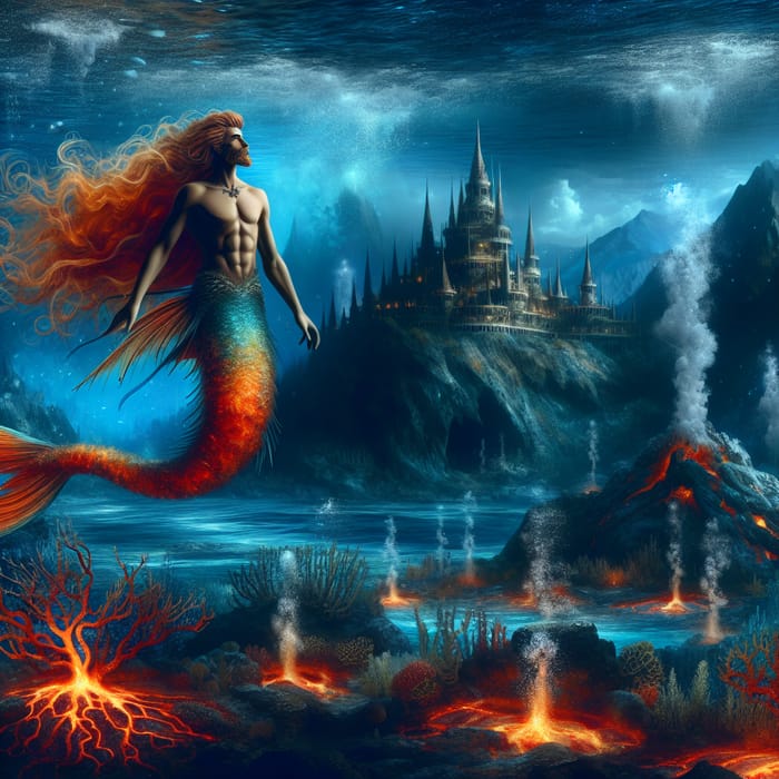 Enchanting Merman with Tan Skin and Flowing Red Hair in Deep Sea Kingdom