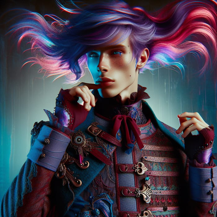 Fantasy Young Man with Purple and Red Hair in Unique Attire