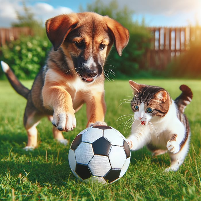Dog and Cat Play Football at Local Park
