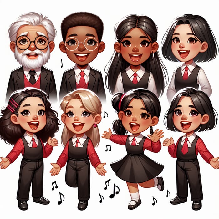 Cute Cartoon Choir in Red & Black Uniform Singing Harmoniously