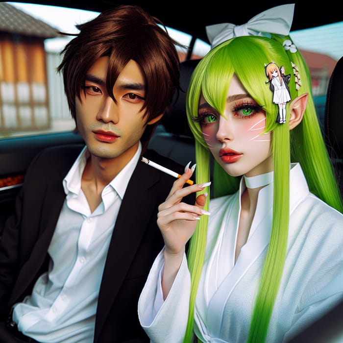 Kim Taehyung with Green-Haired Girl in Car, Anime Makeup