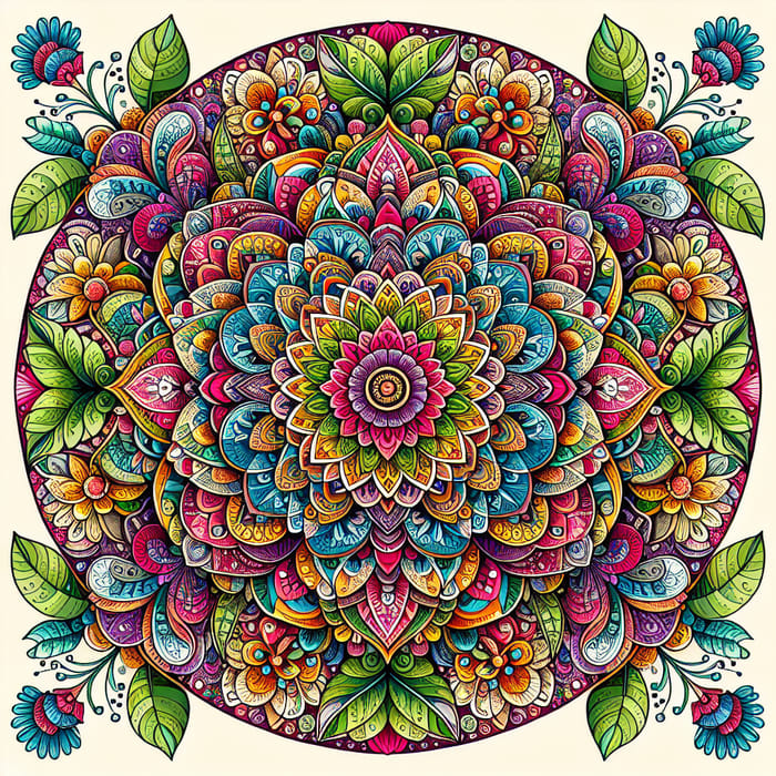 Vibrant Floral Mandala with Intricate Leaf and Flower Designs