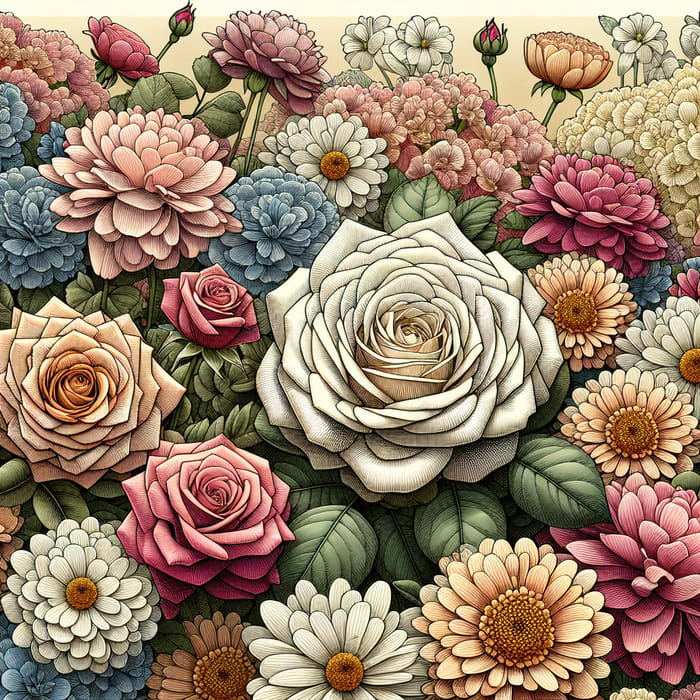 Large Floral Drawing Filled with Diverse Flowers and Roses