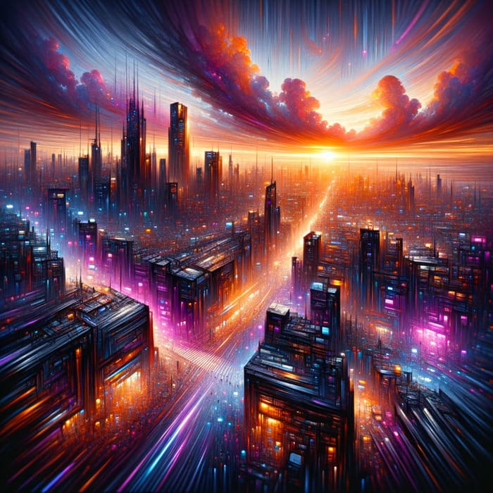 Vibrant Cyberpunk Cityscape at Sunset | Futuristic Impressionism