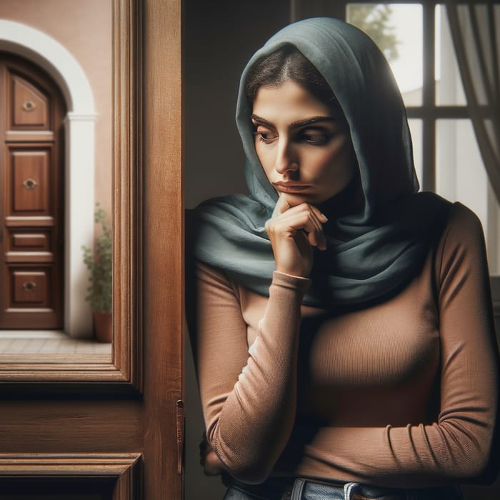 Contemplative Woman Standing by Window and Door