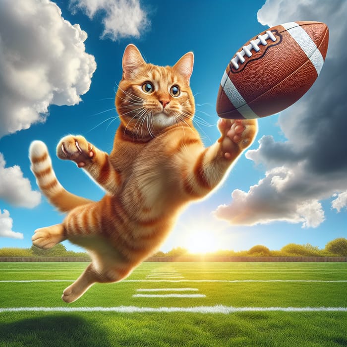 Playful Cat Kicking Football on Green Field
