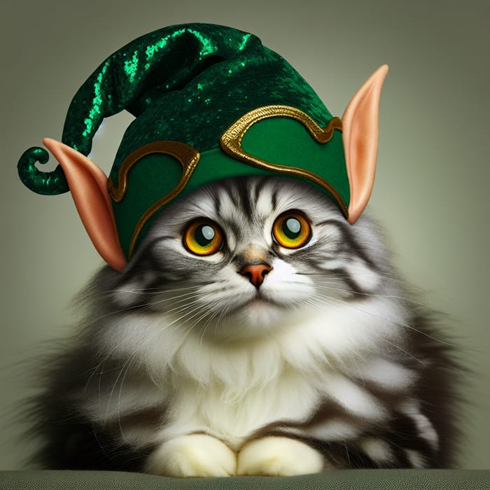 Cute Cat with Emerald Green Elf Hat