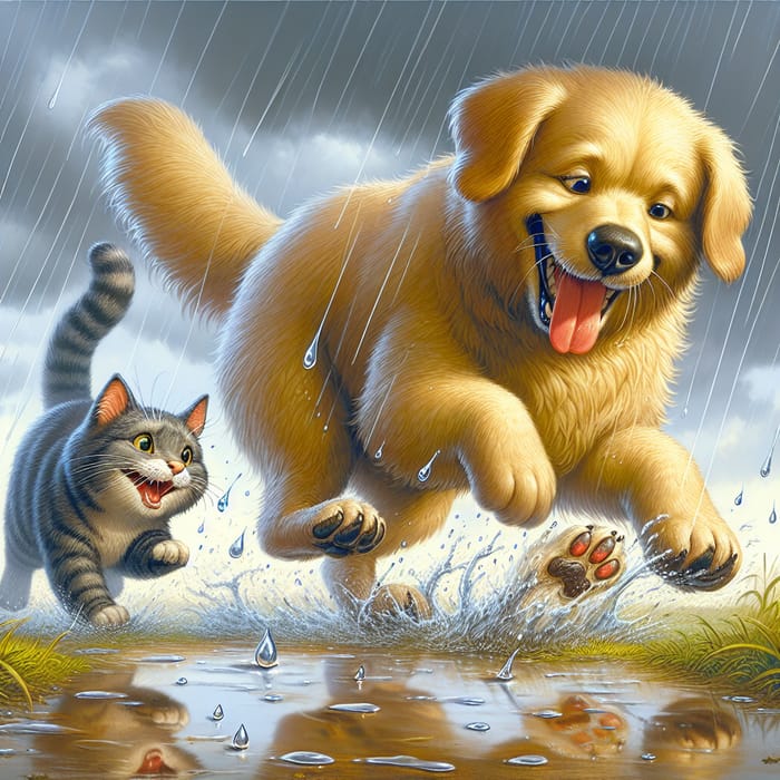 Playful Dog and Cat Playing in the Rain