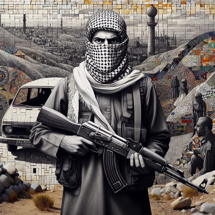 Confident Guerrilla Soldier in Barren Wasteland with Abstract Graffiti