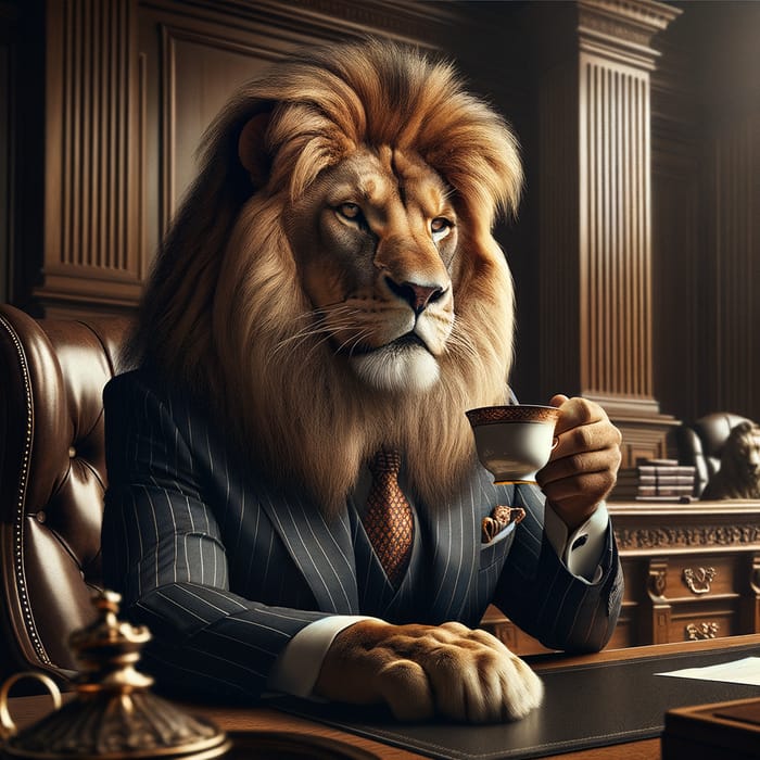Majestic Lion Boss Seated at Grand Oak Desk