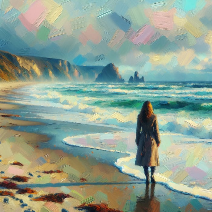 Tranquil Impressionistic Scene: Solitary Figure on Desolate Beach