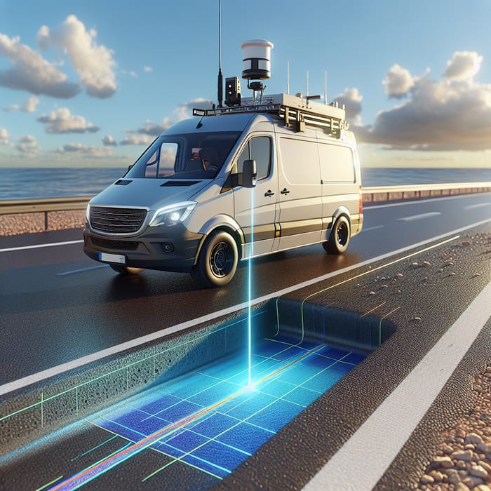 Pavement Analysis Van and GPR Data on Roadway | Sunlit Day View