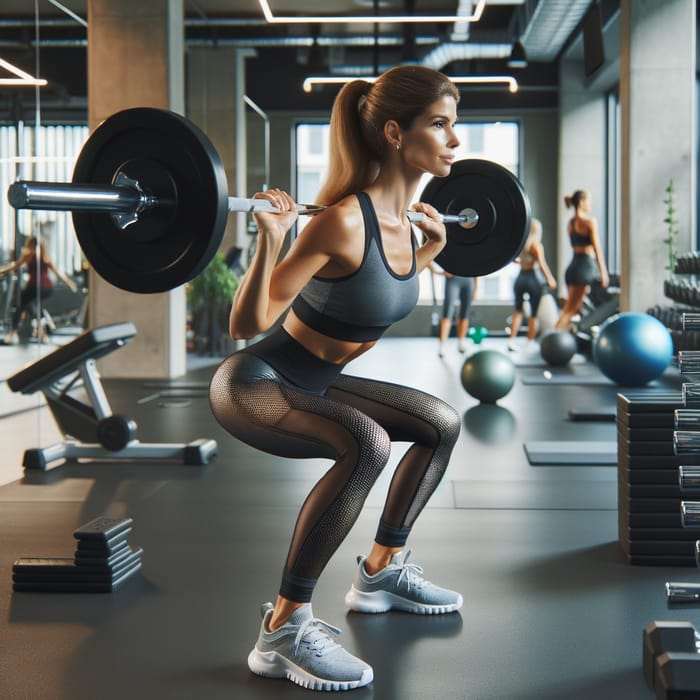 Mid-Thirties Caucasian Woman Doing Barbell Squats in Well-Lit Gym
