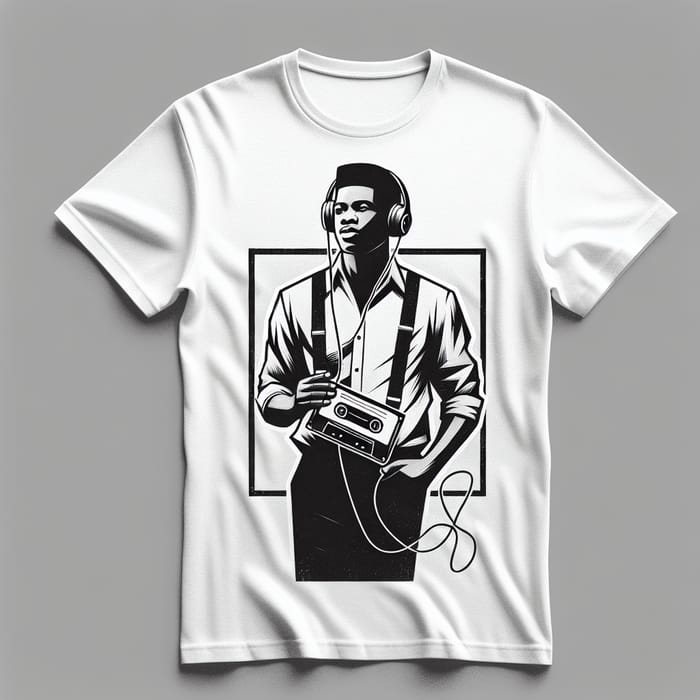 Monochrome Vintage T-Shirt Design: Black Man Walking with Cassette Player