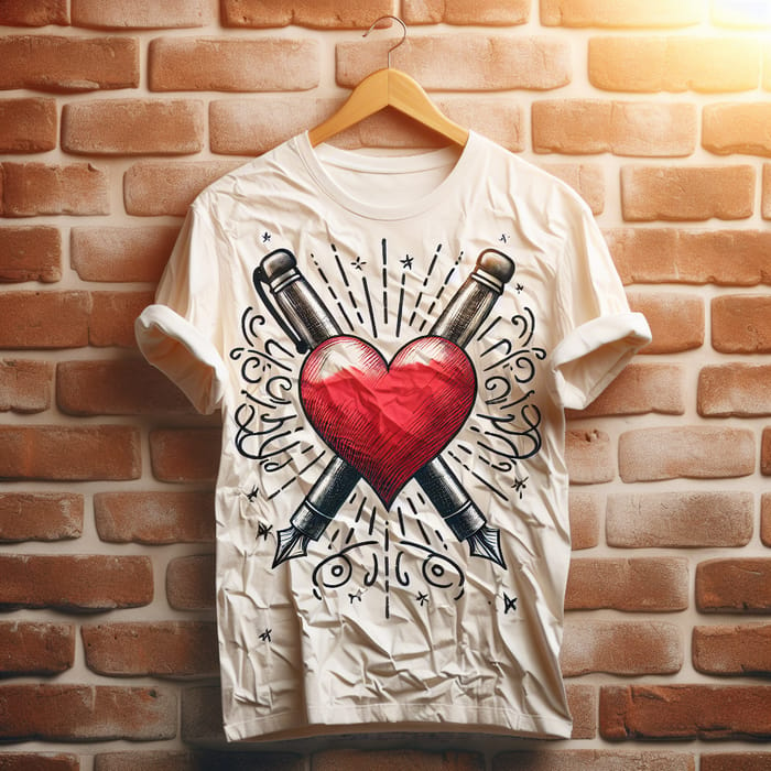 Wrinkled White T-Shirt with Heart Graphic and Stars