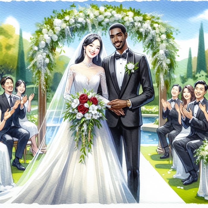 Romantic Wedding Watercolor Painting | Asian Bride & Black Groom Art