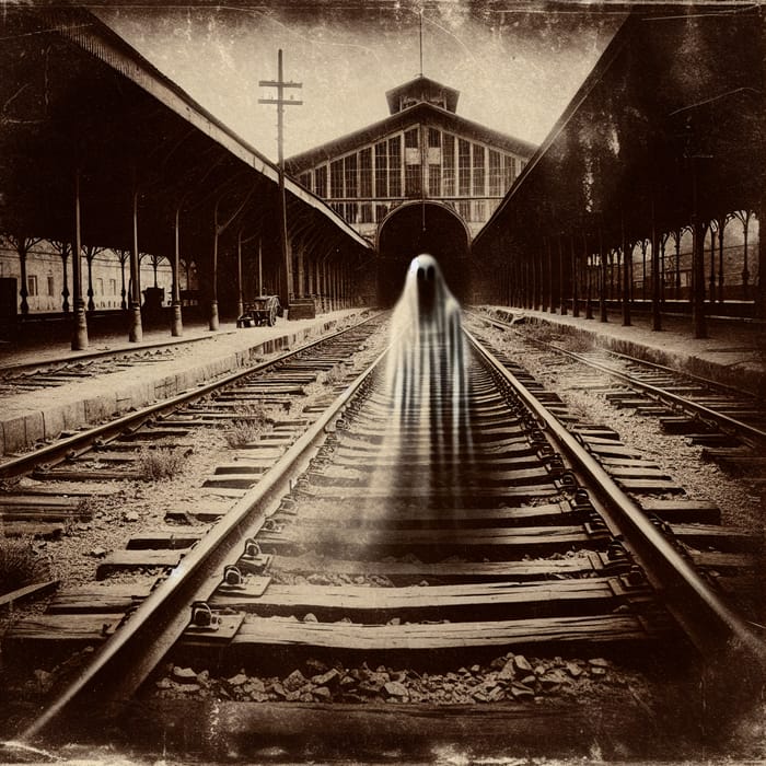 Vintage Haunted Train Station with Ghostly Apparition