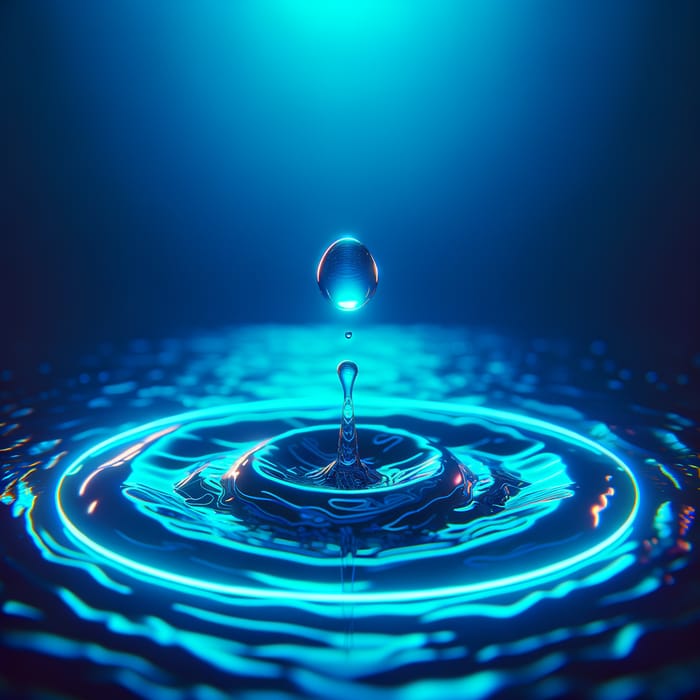 Water Droplet Falling into Fluorescent Blue Fountain