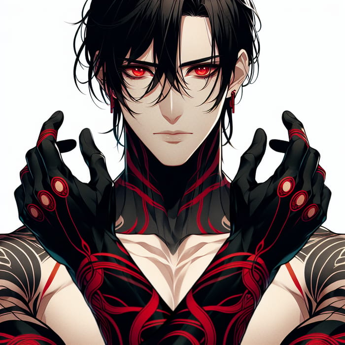 Mysterious Anime Character with Red Patterns and Black Glove