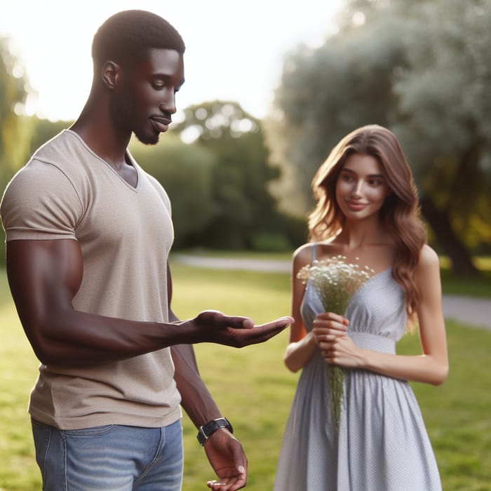 Serene Moment: Black Man Holding Object Before Woman Outdoors