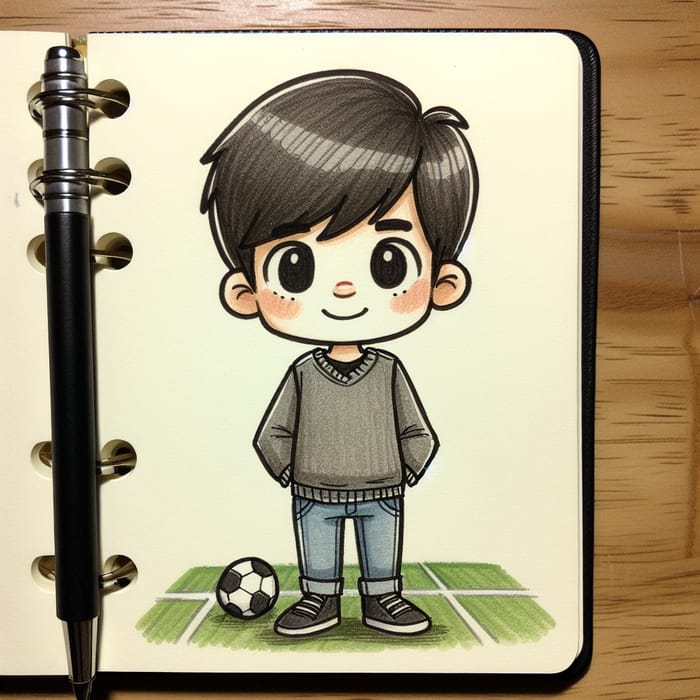 Cartoon Drawing of 8-Year-Old Boy Playing Soccer