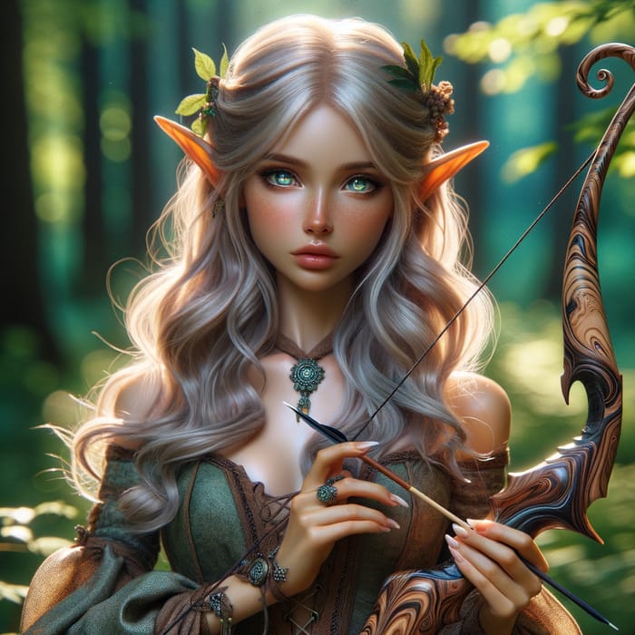 Enchanting Elf Girl with Bow in Forest