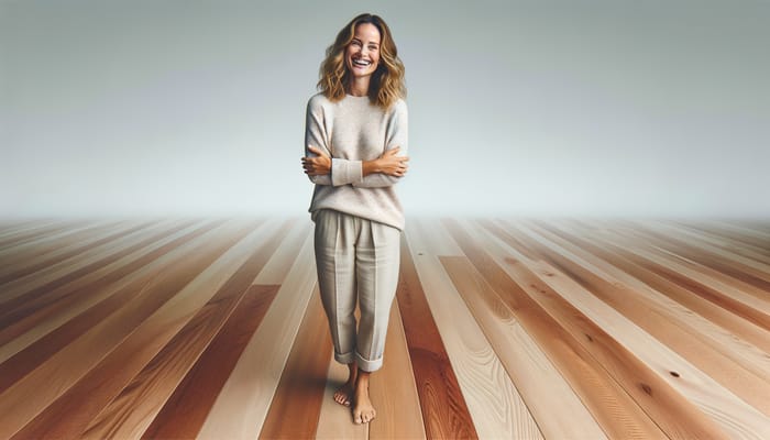 Hyper-Realistic Image of Smiling Caucasian Woman on Hardwood Floor