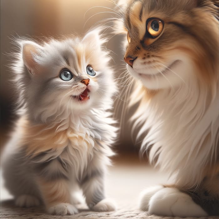 Adorable Kitten Meowing beside Mother Cat